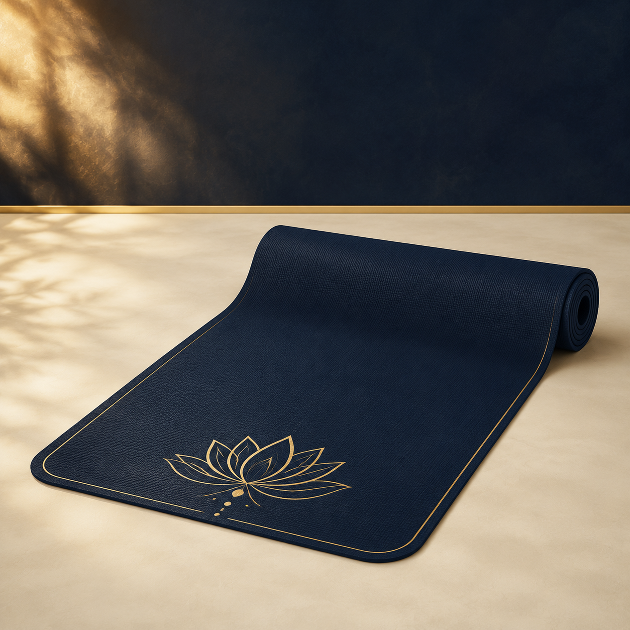 A yoga mat in the navy blue, gold, and ivory colors of the MIP program
