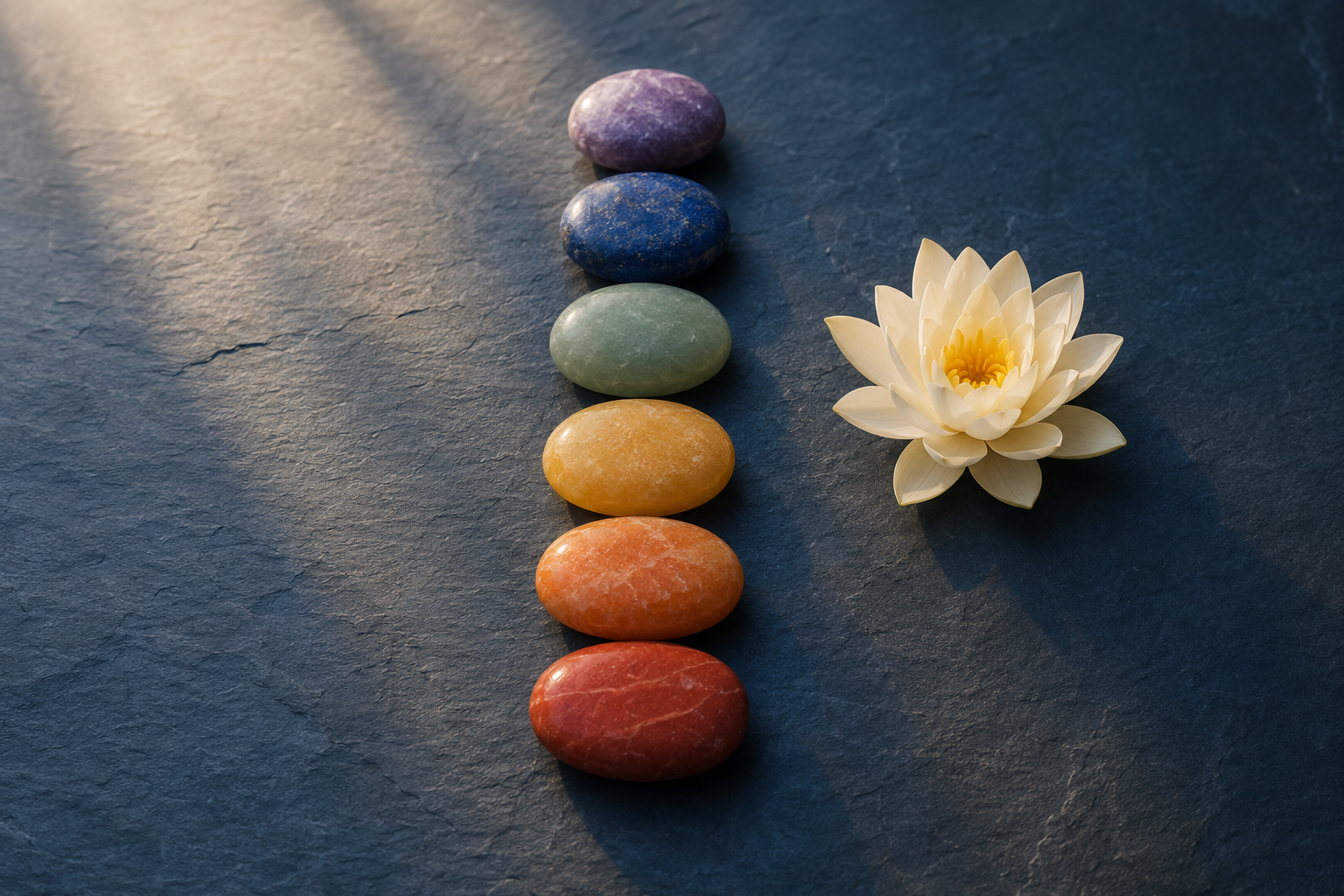 Seven chakra stones and a lotus representing the subtle energy centers