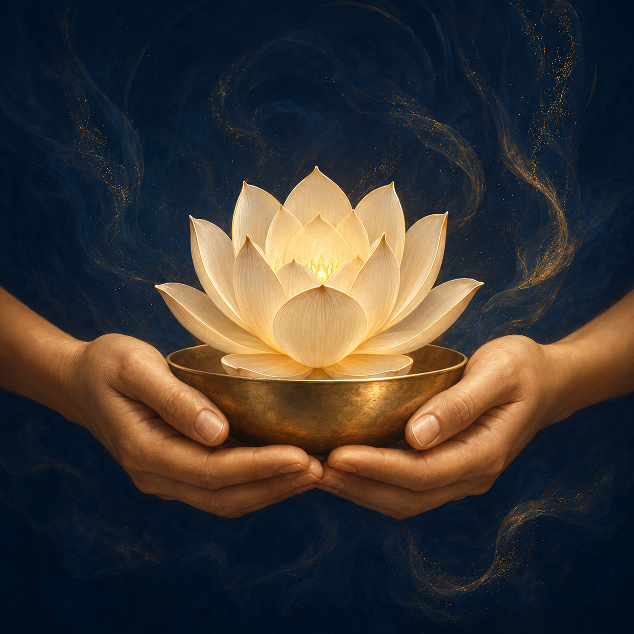 Hands offering a luminous lotus as a symbol of selfless service